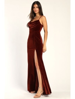 Everything I Do Wine Velvet Cowl Neck Mermaid Maxi Dress