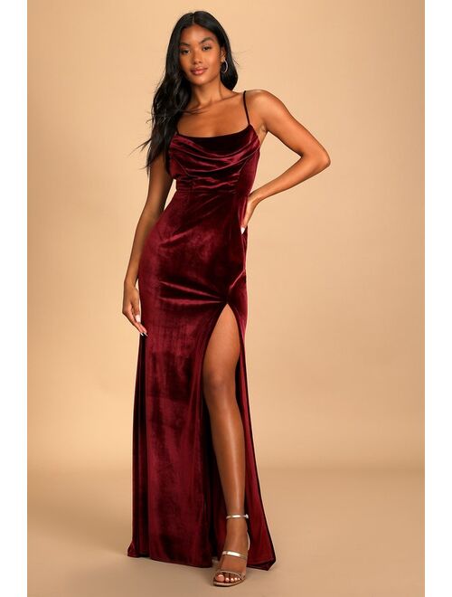 Lulus Everything I Do Wine Velvet Cowl Neck Mermaid Maxi Dress