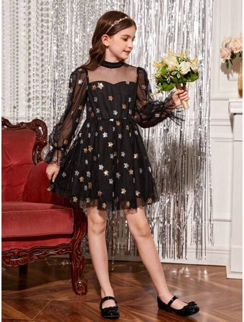 SHEIN Tween Girl Star Sequin Mesh Overlay Flounce Sleeve Party Dress for Christmas