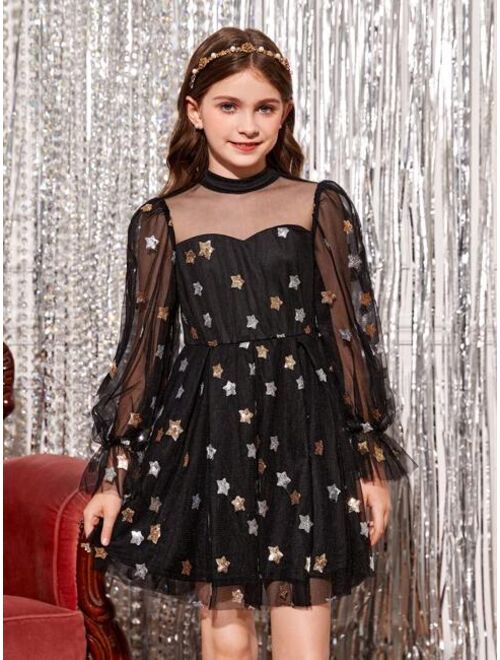 SHEIN Tween Girl Star Sequin Mesh Overlay Flounce Sleeve Party Dress for Christmas