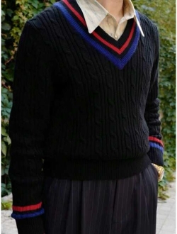 Men Striped Trim Cable Knit Cricket Sweater Without Shirt