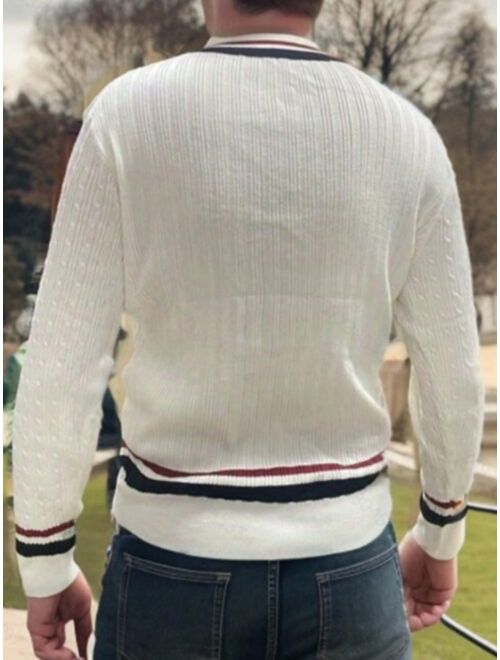 Men Striped Trim Cable Knit Cricket Sweater Without Shirt