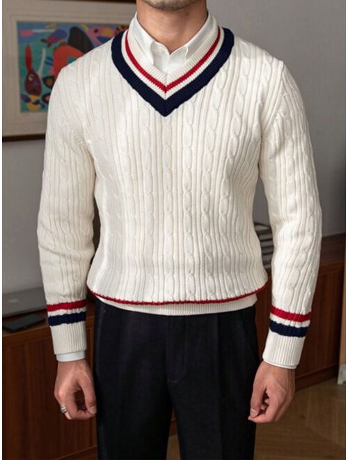 Men Striped Trim Cable Knit Cricket Sweater Without Shirt