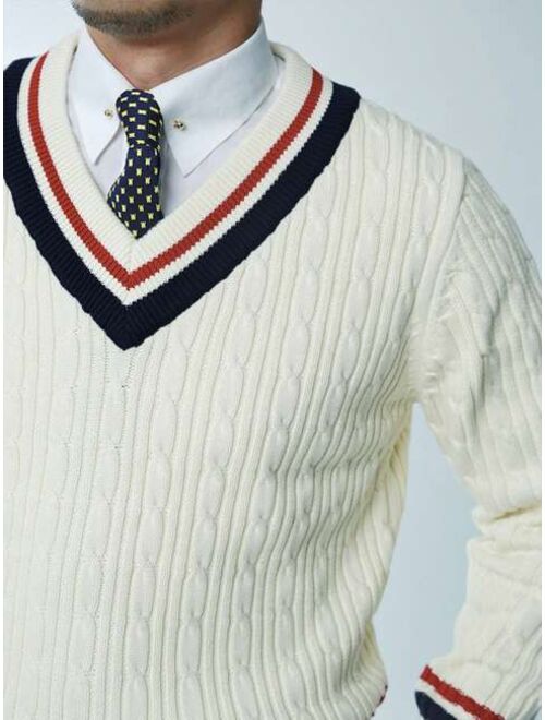 Men Striped Trim Cable Knit Cricket Sweater Without Shirt