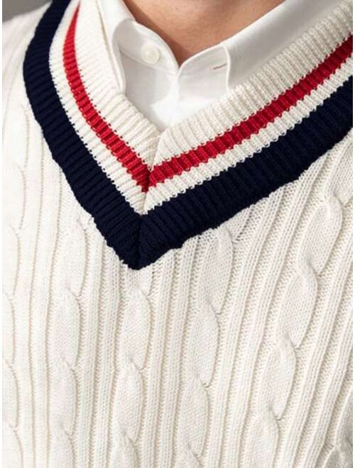 Men Striped Trim Cable Knit Cricket Sweater Without Shirt