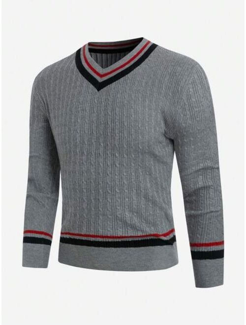 Men Striped Trim Cable Knit Cricket Sweater Without Shirt