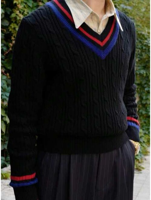 Men Striped Trim Cable Knit Cricket Sweater Without Shirt