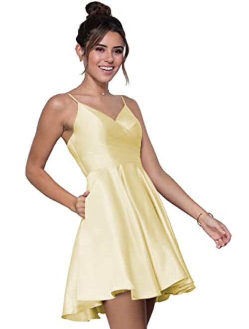 Stylefun Women's V-Neck Short Homecoming Dresses for Teens 2023 Spaghetti Strap Prom Dress with Pocket CYM025