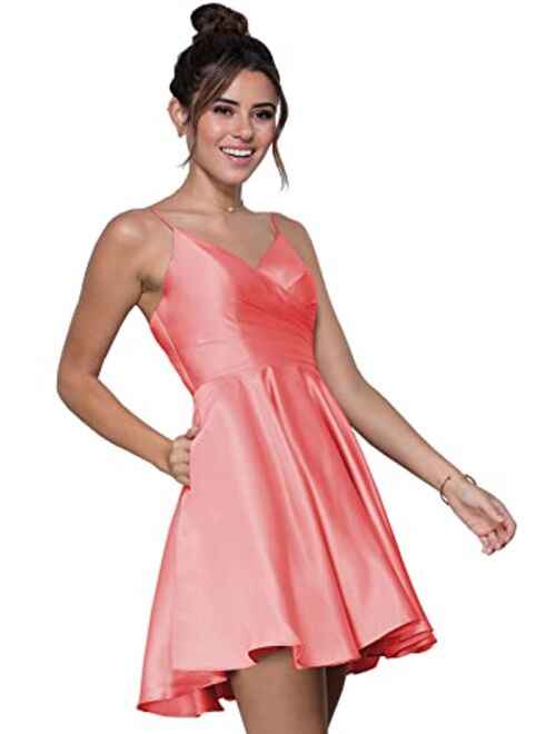 Stylefun Women's V-Neck Short Homecoming Dresses for Teens 2023 Spaghetti Strap Prom Dress with Pocket CYM025