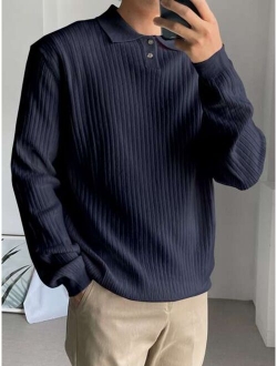 Men Polo Neck Ribbed Knit Sweater