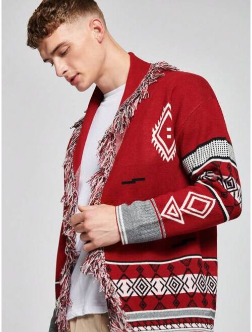 SHEIN Men Geo Pattern Shawl Collar Fringe Trim Cardigan