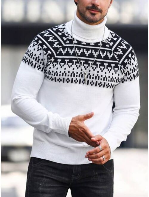 Manfinity Homme Men Geo Pattern Turtleneck Raglan Sleeve Sweater