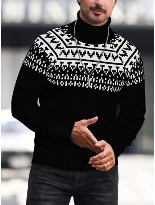 Manfinity Homme Men Geo Pattern Turtleneck Raglan Sleeve Sweater