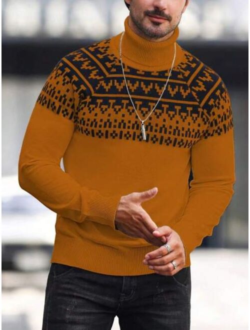 Manfinity Homme Men Geo Pattern Turtleneck Raglan Sleeve Sweater