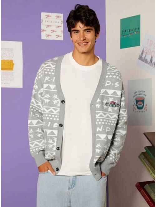 FRIENDS X SHEIN Men Geo Pattern Letter Patched Detail Drop Shoulder Cardigan