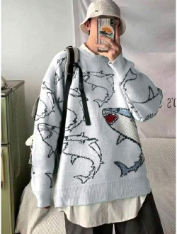 SHEIN Manfinity Hypemode Men Shark Pattern Drop Shoulder Sweater