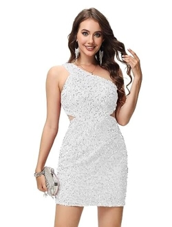 Wchecalino One Shoulder Sequin Homecoming Dresses for Teens Sparkly Cut Out Sexy Backless Short Prom Dress