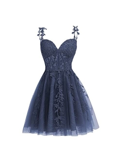 Dessiny Junior's Spaghetti Straps Lace Homecoming Dress for Teens 2023 Tulle Short Prom Dresses Cocktail Gowns DE04