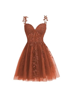 Dessiny Junior's Spaghetti Straps Lace Homecoming Dress for Teens 2023 Tulle Short Prom Dresses Cocktail Gowns DE04