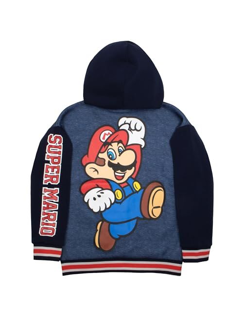 Nintendo Super Mario Graphic Boys Hooded Fleece Varsity Jacket for Kids and Toddlers