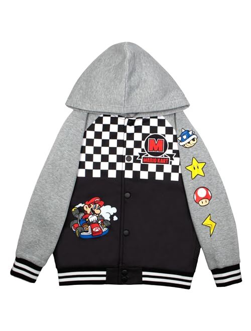 Nintendo Super Mario Graphic Boys Hooded Fleece Varsity Jacket for Kids and Toddlers