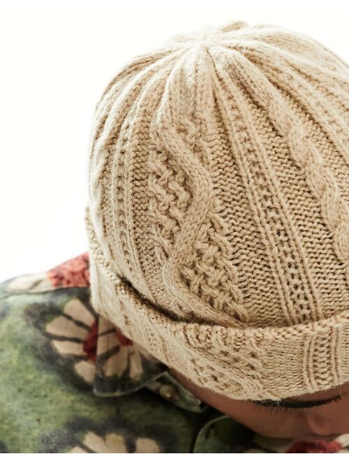 ASOS DESIGN lamb wool cable knit beanie in oatmeal