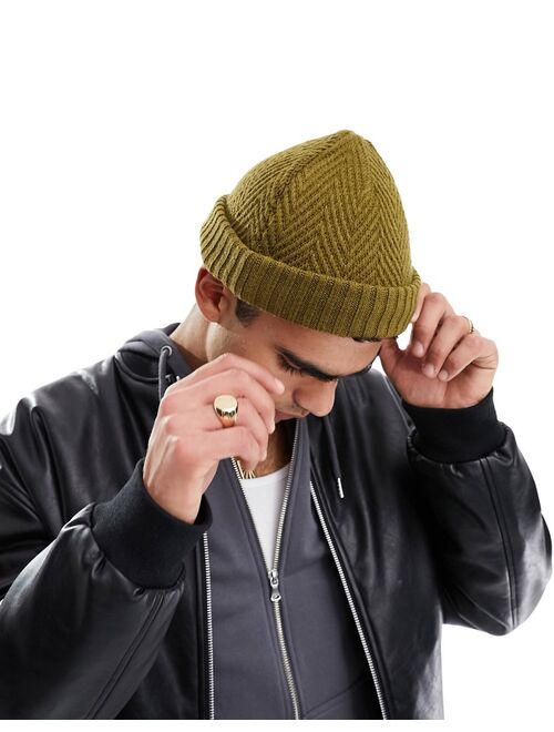 ASOS DESIGN chevron cable knit beanie in khaki