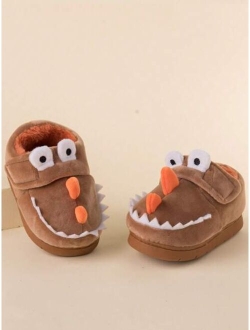 Shein 1pair Boys' Dinosaur-Themed Hook-and-loop Fastener Design Warm Flat Slippers, Suitable For Winter