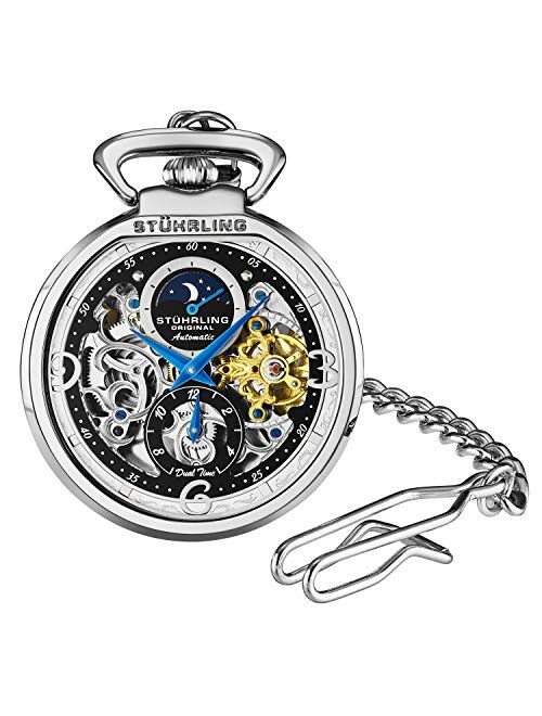 Stuhrling Original Stuhrling Orignal Mens Automatic Pocket Watch Skeleton Dial Mechanical Movement with and Stainless Steel Chain -Dual Time AM/PM Sun Moon Subdial