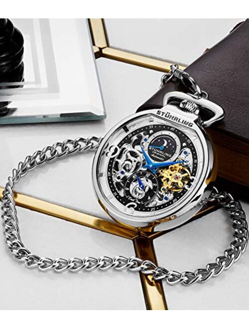 Stuhrling Original Stuhrling Orignal Mens Automatic Pocket Watch Skeleton Dial Mechanical Movement with and Stainless Steel Chain -Dual Time AM/PM Sun Moon Subdial