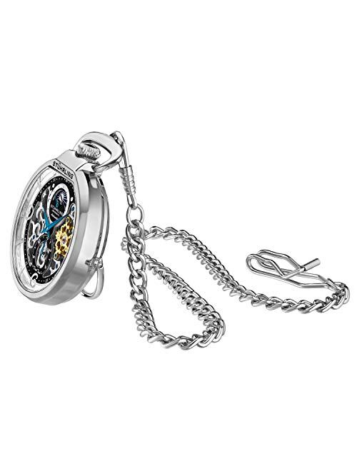 Stuhrling Original Stuhrling Orignal Mens Automatic Pocket Watch Skeleton Dial Mechanical Movement with and Stainless Steel Chain -Dual Time AM/PM Sun Moon Subdial