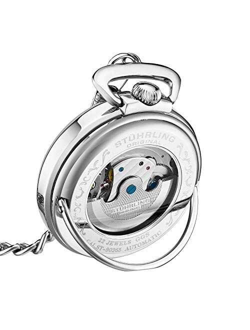 Stuhrling Original Stuhrling Orignal Mens Automatic Pocket Watch Skeleton Dial Mechanical Movement with and Stainless Steel Chain -Dual Time AM/PM Sun Moon Subdial