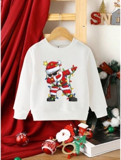 Shein Young Boy Funny Christmas Santa Claus Pattern Printed Fleece Crewneck Sweatshirt For Autumn/winter