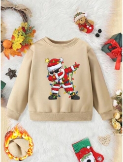 Shein Young Boy Funny Christmas Santa Claus Pattern Printed Fleece Crewneck Sweatshirt For Autumn/winter