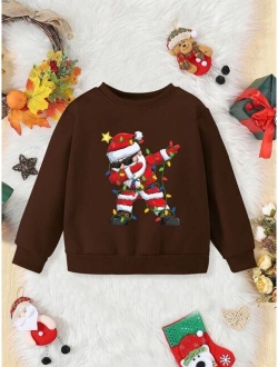 Shein Young Boy Funny Christmas Santa Claus Pattern Printed Fleece Crewneck Sweatshirt For Autumn/winter