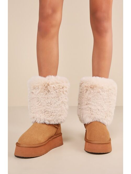 Lulus Sumaiya Chestnut Suede Faux Fur Platform Mid-Calf Boots