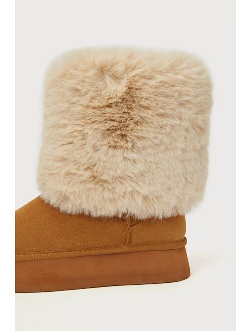 Lulus Sumaiya Chestnut Suede Faux Fur Platform Mid-Calf Boots