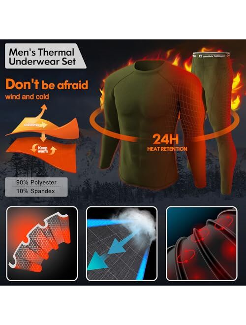 CL convallaria 2 Pack Thermal Underwear for Men - Warm Fleece Lined Long Johns - Winter Gear Base Layer Tops & Bottoms Set