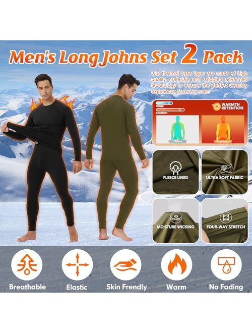 CL convallaria 2 Pack Thermal Underwear for Men - Warm Fleece Lined Long Johns - Winter Gear Base Layer Tops & Bottoms Set