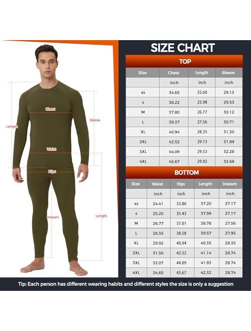 CL convallaria 2 Pack Thermal Underwear for Men - Warm Fleece Lined Long Johns - Winter Gear Base Layer Tops & Bottoms Set