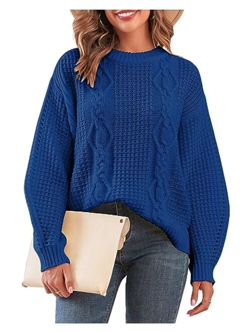 ZAFUL 2023 Womens Winter Sweater Oversized Crewneck Cable Knit Sweater Chunky Long Sleeve Waffle Knit Loose Pullover Jumper