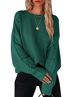 Women's 2023 Fall Sweaters Long Sleeve Crewneck Cable Knit Pullover Oversized Casual Chunky Tops