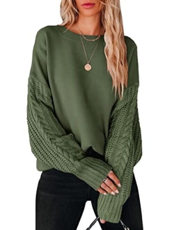 Women's 2023 Fall Sweaters Long Sleeve Crewneck Cable Knit Pullover Oversized Casual Chunky Tops