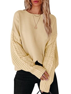 Women's 2023 Fall Sweaters Long Sleeve Crewneck Cable Knit Pullover Oversized Casual Chunky Tops