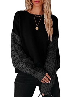 Women's 2023 Fall Sweaters Long Sleeve Crewneck Cable Knit Pullover Oversized Casual Chunky Tops