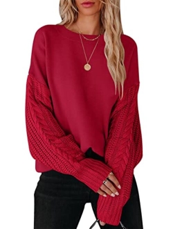 Women's 2023 Fall Sweaters Long Sleeve Crewneck Cable Knit Pullover Oversized Casual Chunky Tops