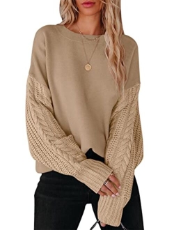 Women's 2023 Fall Sweaters Long Sleeve Crewneck Cable Knit Pullover Oversized Casual Chunky Tops