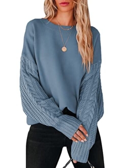 Women's 2023 Fall Sweaters Long Sleeve Crewneck Cable Knit Pullover Oversized Casual Chunky Tops