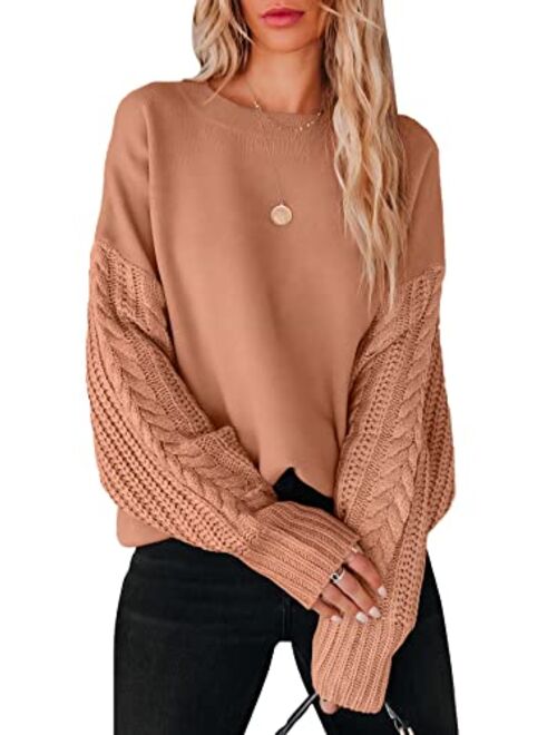 ANRABESS Women's 2023 Fall Sweaters Long Sleeve Crewneck Cable Knit Pullover Oversized Casual Chunky Tops