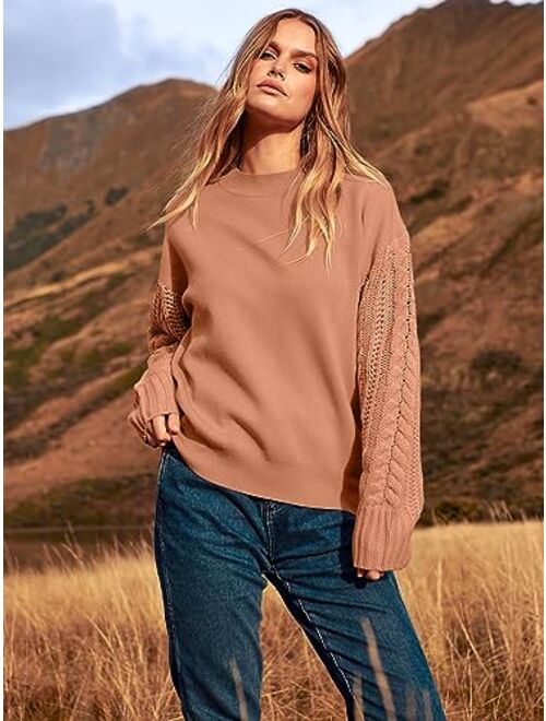 ANRABESS Women's 2023 Fall Sweaters Long Sleeve Crewneck Cable Knit Pullover Oversized Casual Chunky Tops